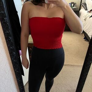 Red strapless smocked crop top